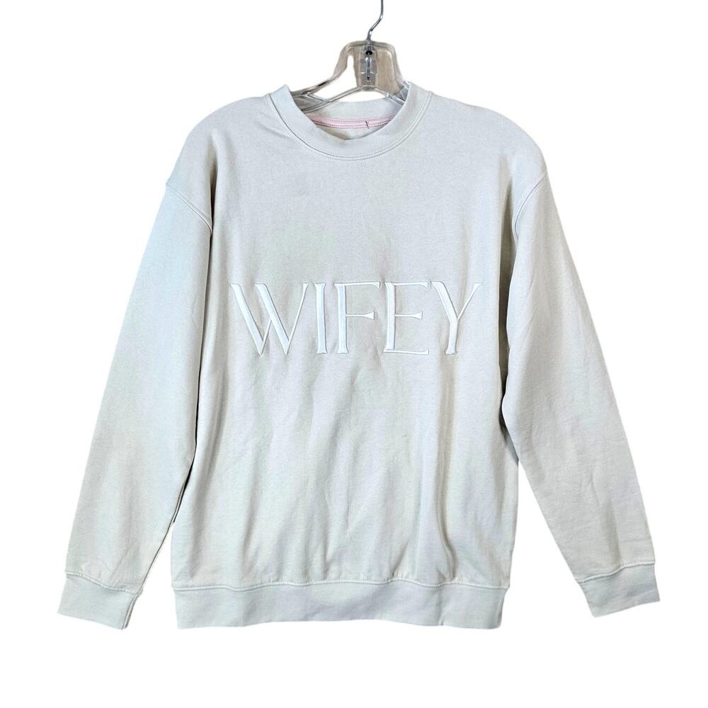 NWT MisstoMrs WIFEY Embroidered Crewneck Pullover Cream Beige Honeymoon Small